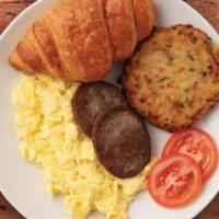 Country French Breakfast · Two eggs cooked-to-order with a Potato Galette, bacon or sausage and a freshly-baked butter ...