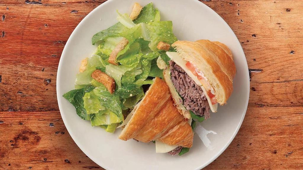 Roast Beef & Cheese Croissant · Roast Beef, provalone, tomato, spring mix, and mayonnaise on an all butter croissant.