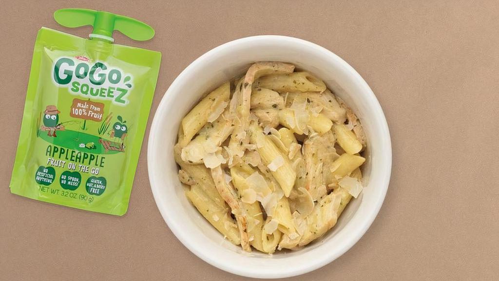 Kids Chicken Pesto Pasta · Penne pasta sautéed in our house-made pesto cream sauce with balsamic-marinated chicken served with Gogo squeeZ® Applesauce. Served with your choice of Horizon milk or Honest Kid's Apple Juice.