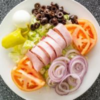 Antipasto Salad · Lettuce with salami, ham, provolone, boiled egg, pepperoncini, tomato, red onion and black o...
