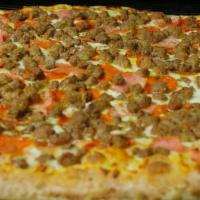 12'' Medium Meat Wagon Pizza · Pepperoni, sausage, ham, and beef.