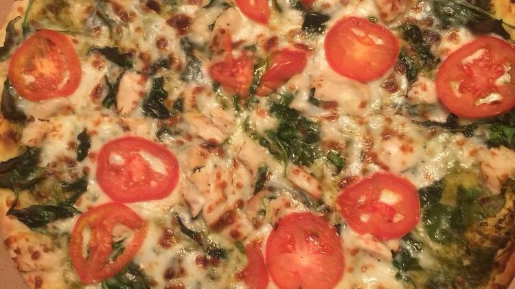12'' Medium Basil Pesto Pizza · Garlic, spinach, chicken, tomatoes, and pesto sauce.