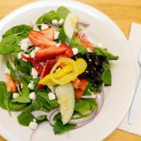 Pink Detox Salad · Baby spinach, red onion, tomatoes, walnut, feta cheese, strawberry, cranberry, pineapple man...