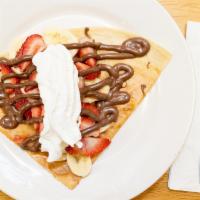 Ny Cheese Cake Crepe · Banana, strawberries, nutella, whipped cream, and cheese cake.