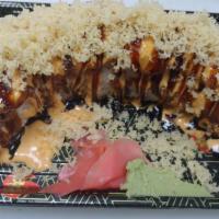 Monster Roll (8 Pcs) · Tempura shrimp, avocado, cheese with tempura crab, crunch, eel sauce & spicy mayo