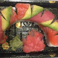Rainbow Roll (8 Pcs) · Tuna, salmon, white fish and avocado on top of California roll