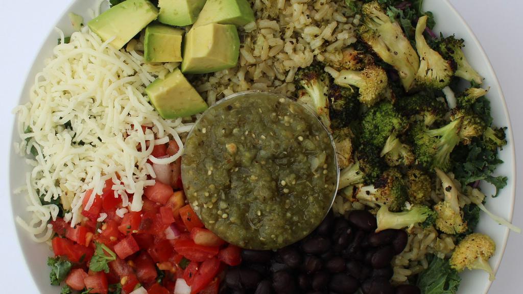 Vegetarian · Avocado, brown rice, black bean, pico de gallo, roasted broccoli, cheddar cheese, power green mix, tomatillo salsa.