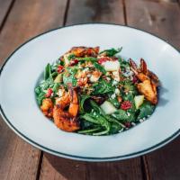 Avery Island Salad · blackened jumbo gulf shrimp, mixed greens, bacon, cranberries, granny smith apples, candied ...