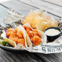 Boom Boom Shrimp Tacos · fried shrimp, boom boom sauce, cabbage, jack, tomato - served with chips & queso