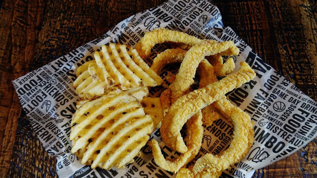 Kid'S Crispy Catfish · Served with waffle fries.