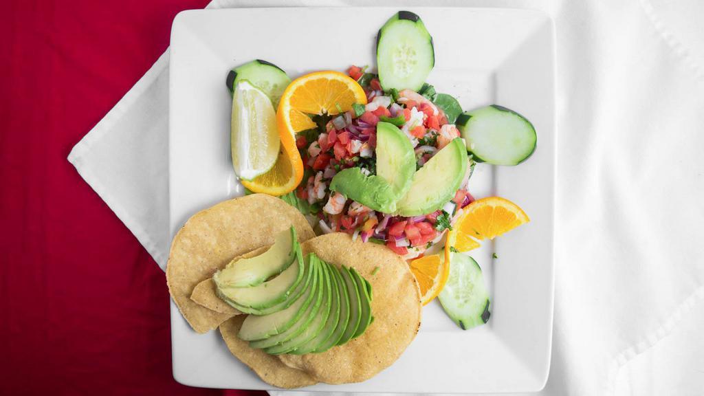 Tostadas De Ceviche · (3) Crispy corn tortillas covered with chopped fish fillets or shrimp. Mixed with pico de gallo and lime juice. Famous Mexican dish.