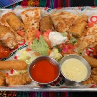 Sampler Platter · Chicken quesadilla, wings, flauta, chicken fingers, stuffed jalapeños, guacamole, and sour c...