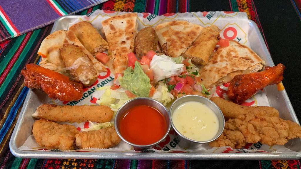 Sampler Platter · Chicken quesadilla, wings, flauta, chicken fingers, stuffed jalapeños, guacamole, and sour cream.