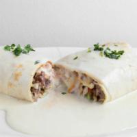Burrito Supreme (Lunch) · (1) Flour tortilla rolled with ground beef and beans. Topped with cheese, lettuce, tomatoes,...