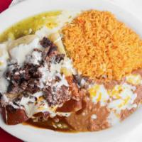 Enchiladas Al Carbon · (3) Cheese enchiladas topped with carne asada. Served with rice, beans, lettuce, sour cream,...