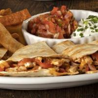 Chicken Quesadilla · Oak grilled chicken breast, fire roasted peppers, onions and corn with tomato salsa, colby a...