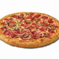 Howie Special · Pepperoni, ham, mushrooms, red onions, green peppers, mozzarella. 390 Calories.