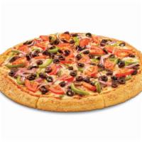 Veggie · Mushrooms, red onions, green peppers, tomatoes, black olives, mozzarella. 380 Calories.