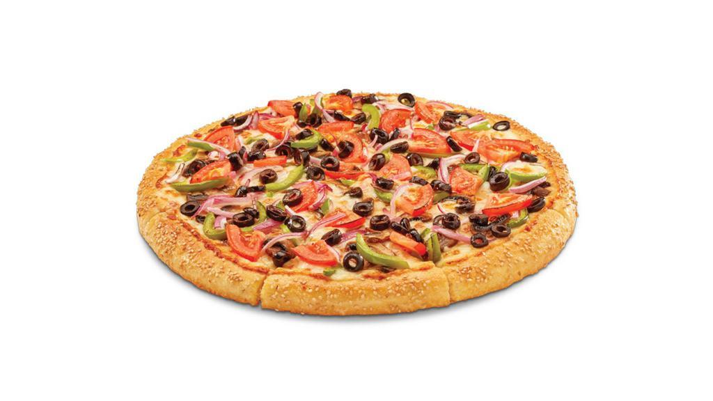 Veggie · Mushrooms, red onions, green peppers, tomatoes, black olives, mozzarella. 270 Calories.