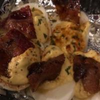 Candy Bacon Deviled Eggs · Delicious deviled eggs baked with candy and bacon.
