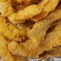 Large Fish 3 Wings · 12oz Piece Golden Catfish Fillet, 3 wings, Fries, Bread.