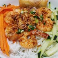 Grilled Shrimp & Egg Roll With Rice Vermicelli · Vermicelli noodle served with bean sprouts, lettuce, cucumbers, cilantro, peanuts, papaya, a...