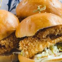 Fried Fish Sliders · 3 pieces. Flounder, lettuce, tomato, mayo and 1000 island dressing.