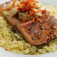 Grilled Salmon Over Sassy Rice · Dinner Includes, Dinner Selection, 2 Premium Signature Sides, And Your Choice Of Cornbread O...