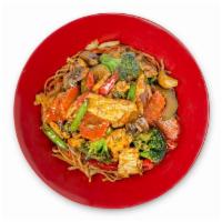 Veggie Stir Fry Noodle Bowl · broccoli, carrot, string beans, red bell pepper, mushroom, zucchini, soy garlic sauce