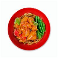 Orange Noodle Bowl · wok-fried, green + red bell pepper, side of string beans