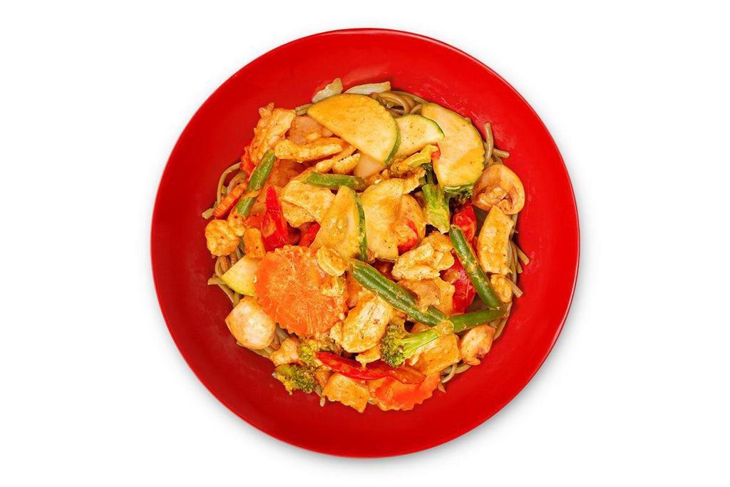 Red Coconut Curry Noodle Bowl · broccoli, carrot, string beans, red bell pepper, mushroom, zucchini