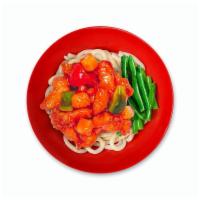 Pineapple Sweet + Sour Noodle Bowl · wok-fried, green + red bell pepper, side of string beans