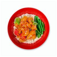 Orange Rice Bowl · wok-fried, green + red bell pepper, side of string beans