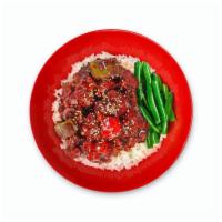 Gochujang Garlic Rice Bowl · wok-fried, green + red bell pepper, side of string beans