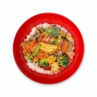 Veggie Stir Fry Rice Bowl  · broccoli, carrot, string beans, red bell pepper, mushroom, zucchini, soy garlic sauce