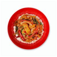Korean Rice Bowl · red bell pepper, onion, scallion,. mushroom, gochujang sauce