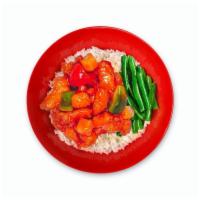 Pineapple Sweet + Sour Rice Bowl · wok-fried, green + red bell pepper, side of string beans
