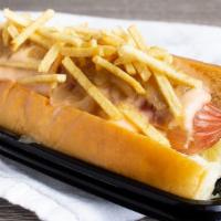 The Cheese Hot Dog · All beef dog, cheese sauce, small diced onion, and potato sticks.