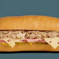 Hot Hoagies - Pulled Pork - Cuban · Contains: Swiss, Pulled Pork, Ham, Lettuce, Tomato, Pickles, Yellow Mustard