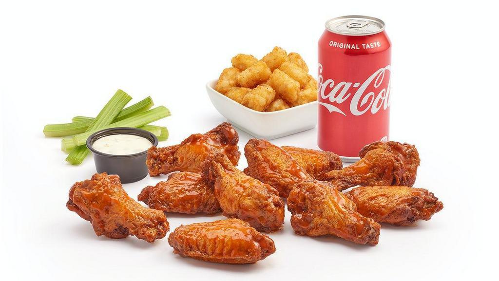 10Pc Wing Combo With Tots · Classic wings, choice of sauce, celery, blue cheese or ranch served with seasoned tots, and a drink