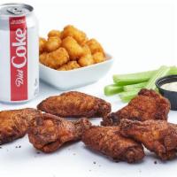 6Pc Wing Combo With Tots · Classic wings, choice of sauce, celery, blue cheese or ranch served with seasoned tots, and ...