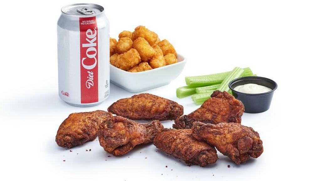 6Pc Wing Combo With Tots · Classic wings, choice of sauce, celery, blue cheese or ranch served with seasoned tots, and a drink