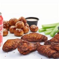 6Pc Wing Combo With Pretzel Bites · Classic wings, choice of sauce, celery, blue cheese or ranch served with pretzel bites, and ...