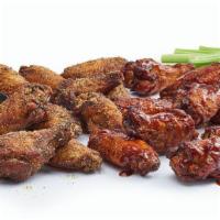 20 Wings · Classic wings, choice of two sauces, celery, blue cheese or ranch.