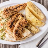 Grilled Chicken Platter · Seasoned grilled chicken tenderloins served with warm pita slices and tzatziki sauce and cho...
