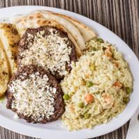 Bifteki Platter · 2 greek-style burgers topped with feta cheese, served with pita bread slices, tzatziki and c...