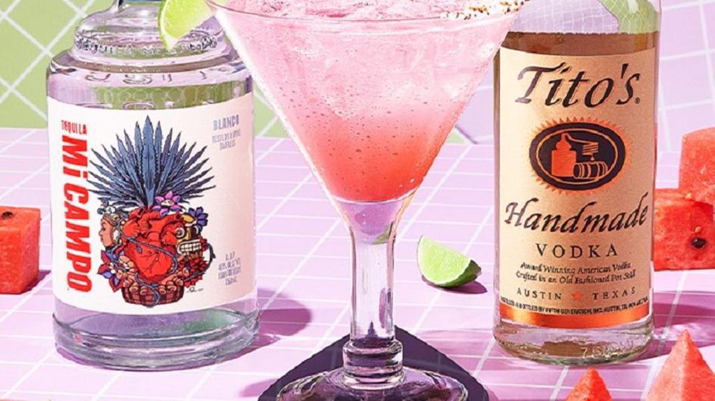 Tito'S Watermelon Spritz Rita · The NEW Tito’s Watermelon Spritz is the perfect summer refreshment! Made with Tito’s Vodka, Mi Campo Silver Tequila, Monin Watermelon, Triple Sec, Fresh Sour & topped with a splash of soda