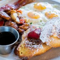 All American Breakfast · 3 eggs, brunch potatoes, challah french toast, strawberries, and your choice of bacon or chi...