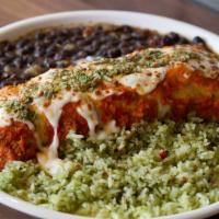 Hangover Burrito · grilled chicken, cilantro rice, black beans, ranchero sauce