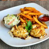 Lump Crab Cake · two broiled crab cakes, old bay fries, fresh coleslaw, caper tartar sauce